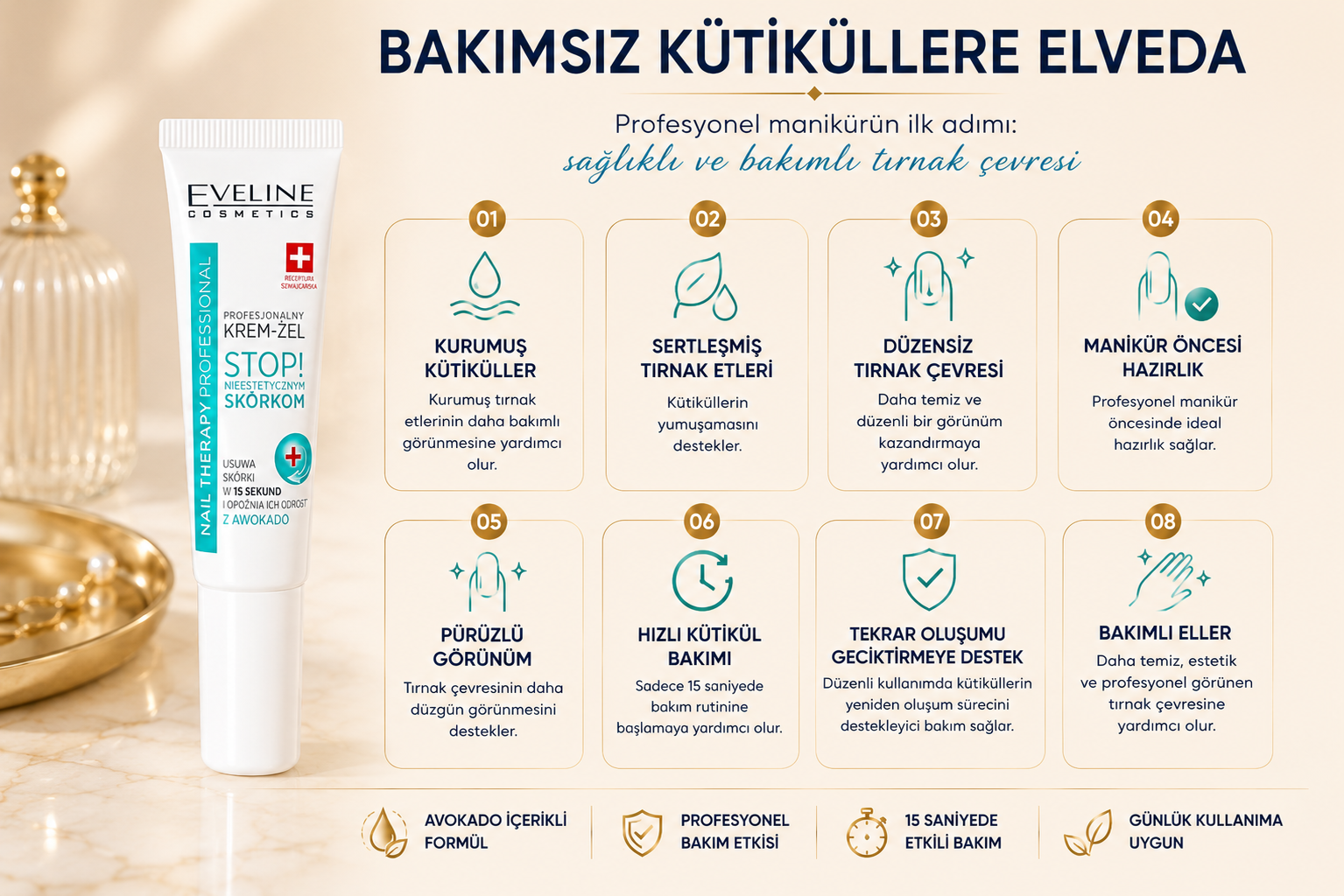 Eveline Cuticle Remover Gel ürününün kuru, sertleşmiş ve bakımsız görünen kütiküller için bakım alanları