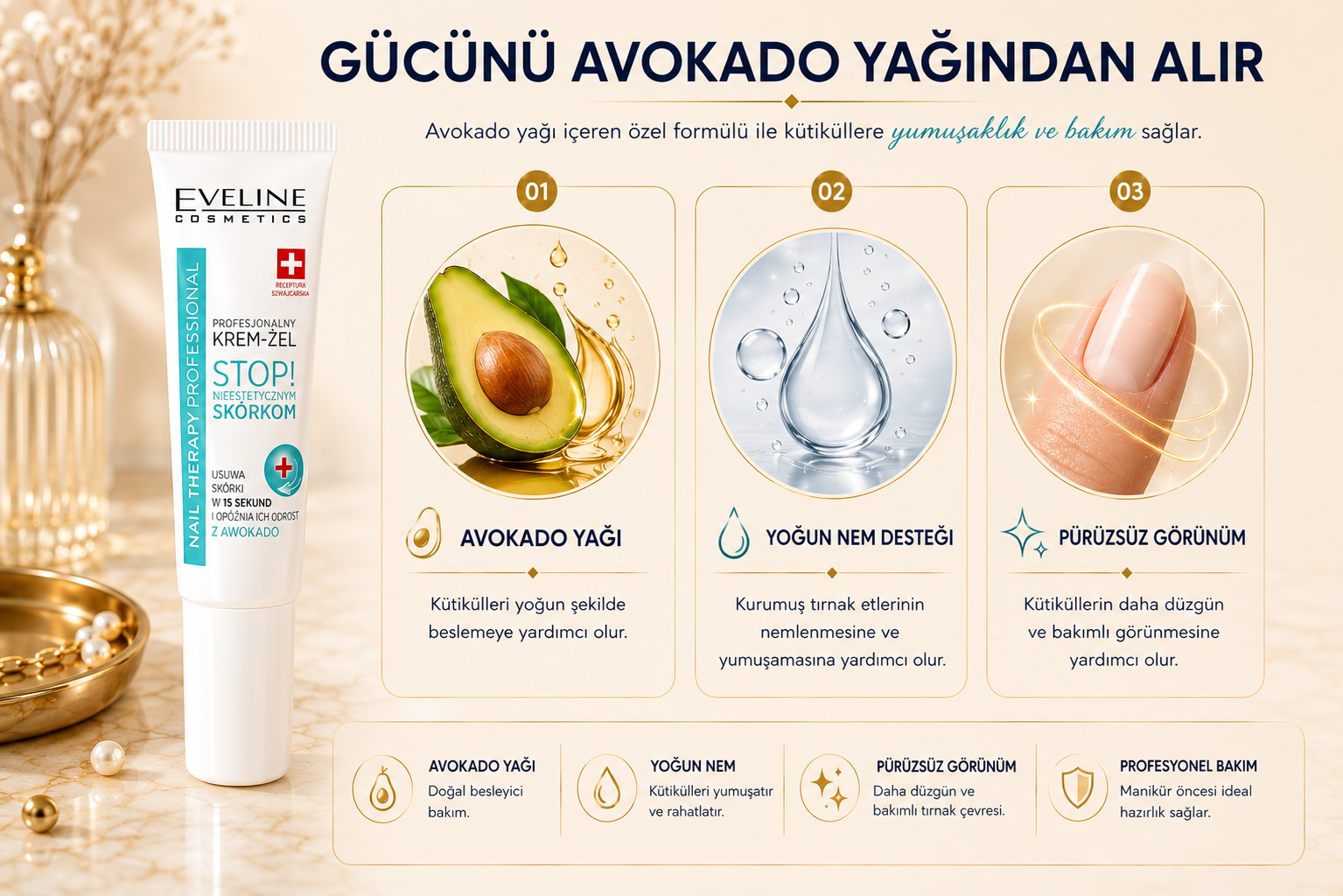 Eveline Cuticle Remover Gel ve formülündeki avokado yağının kütikül bakımına yönelik özellikleri
