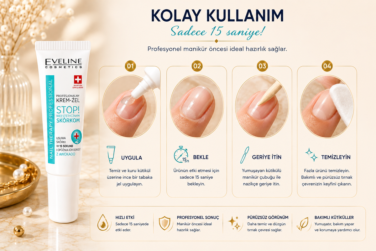 Eveline Cuticle Remover Gel kullanım adımları: tırnak çevresine uygulama, bekleme, kütikülleri itme ve temizleme