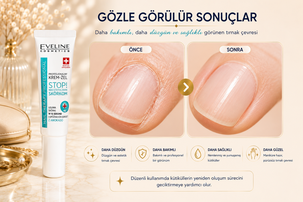 Eveline Cuticle Remover Gel ve temsili önce-sonra kütikül görünümü karşılaştırması