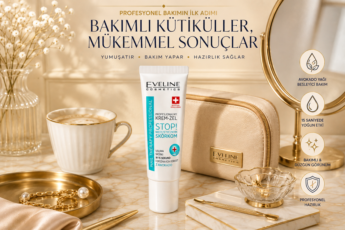 Bakımlı kütikül ve tırnak görünümü yanında Eveline Cuticle Remover Gel ürünü