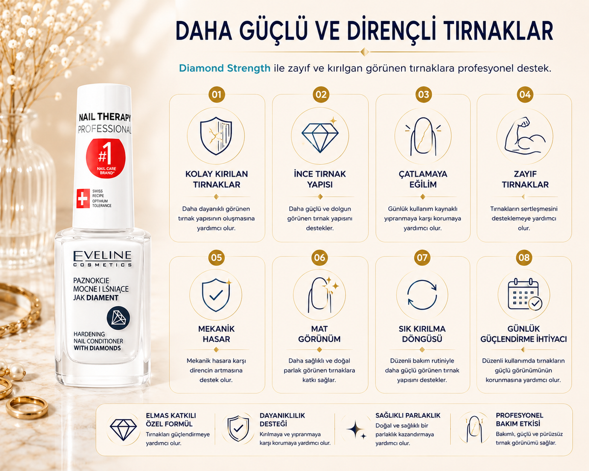 Eveline Diamond Hard & Shine ürününün zayıf, kırılgan, ince ve mat görünen tırnaklar için bakım alanları