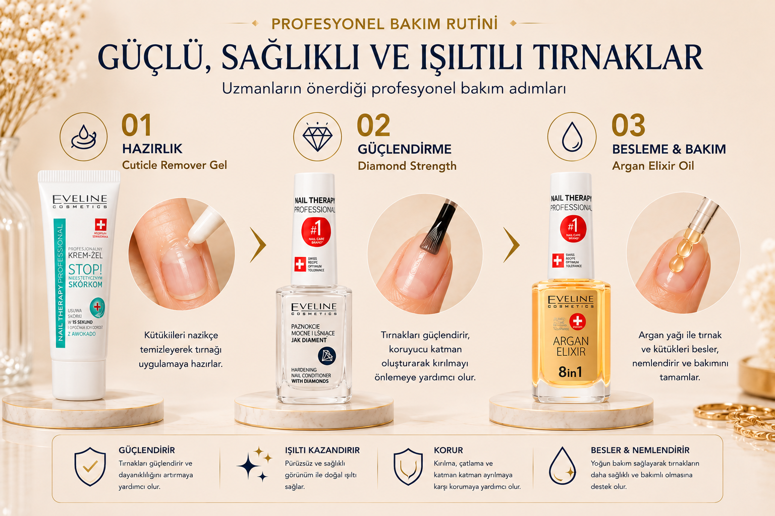 Cuticle Remover Gel, Diamond Hard & Shine ve Argan Elixir 8in1 ile üç adımlı profesyonel tırnak bakım rutini