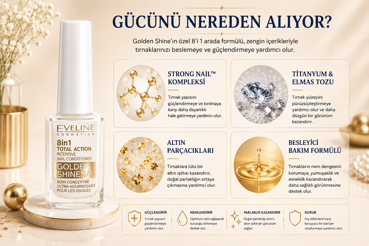 Eveline Golden Shine ve formülünde öne çıkan altın parçacıkları ile tırnak bakım bileşenleri