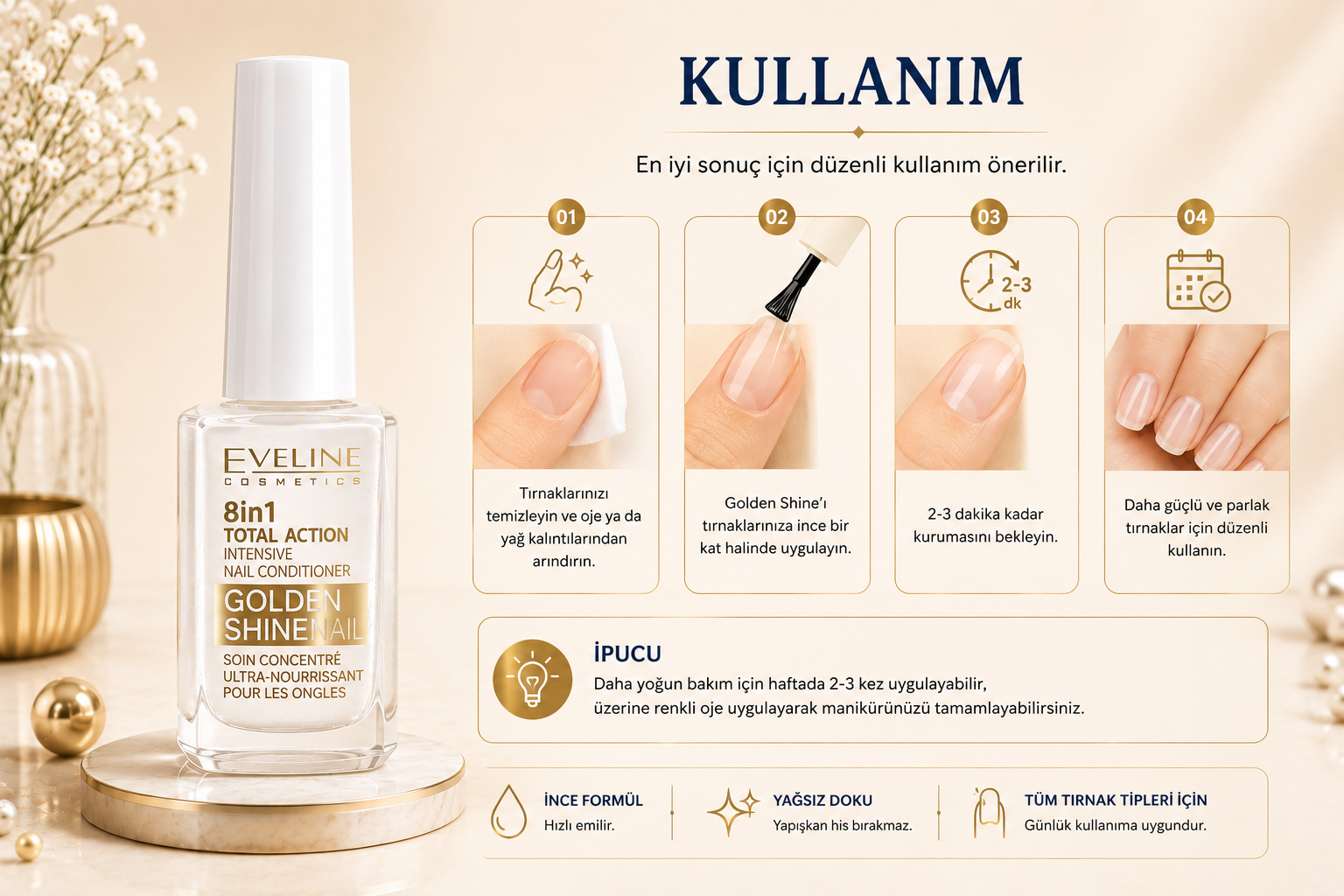 Eveline Golden Shine tırnak bakım ürünü kullanım adımları ve düzenli bakım programı