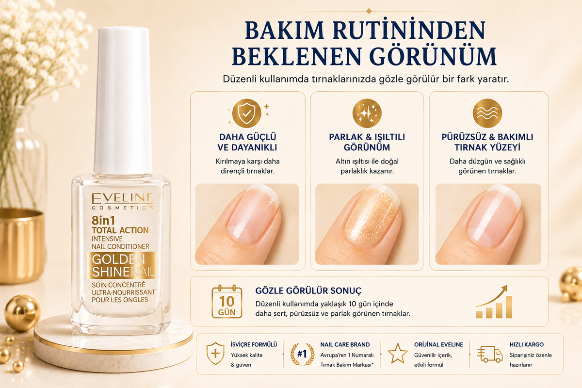 Eveline Golden Shine bakım rutininden beklenen temsili tırnak görünümü aşamaları