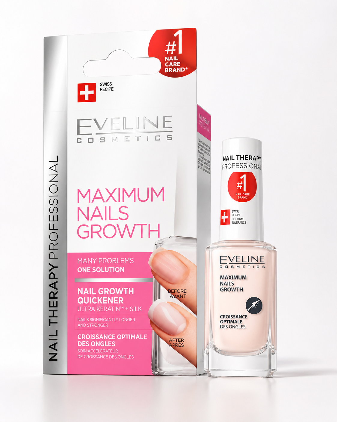 Eveline Maximum Nails Growth tırnak bakım ürünü, kutusu ve öncesi-sonrası tırnak görünümü