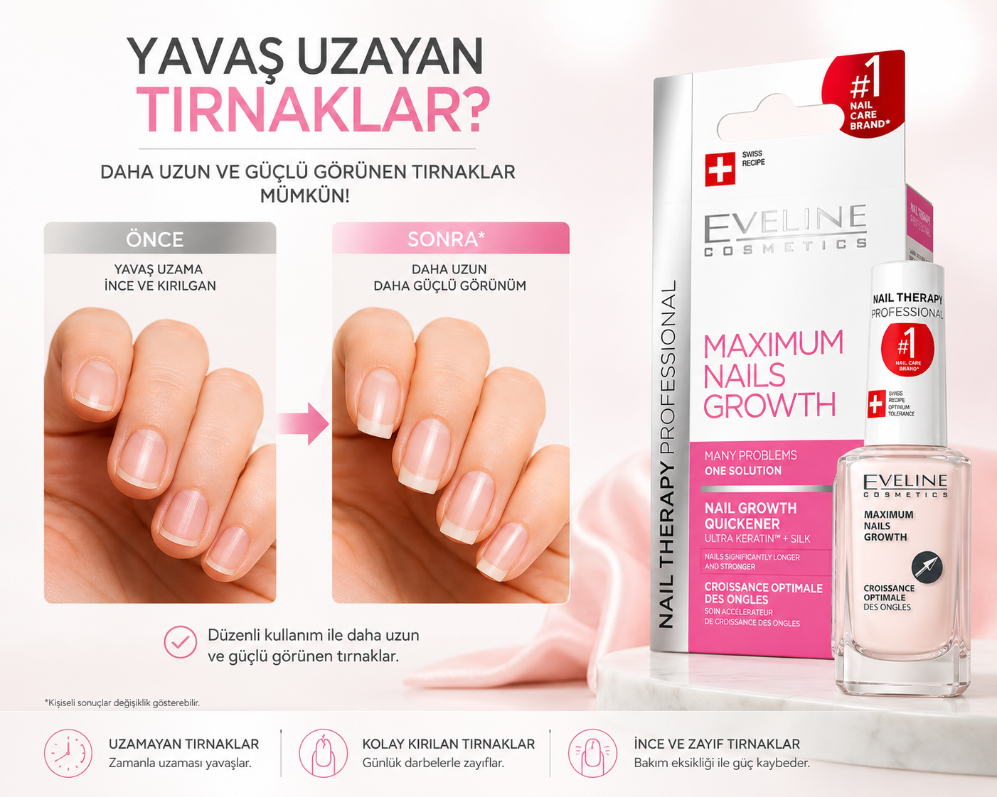 Yavaş uzayan tırnaklar için Eveline Maximum Nails Growth ve temsili önce-sonra tırnak görünümü
