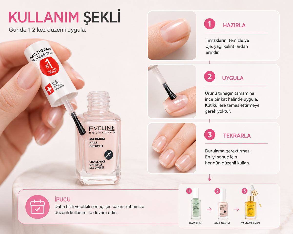 Eveline Maximum Nails Growth kullanım adımları: tırnağı hazırlama, ince kat uygulama ve düzenli tekrarlama