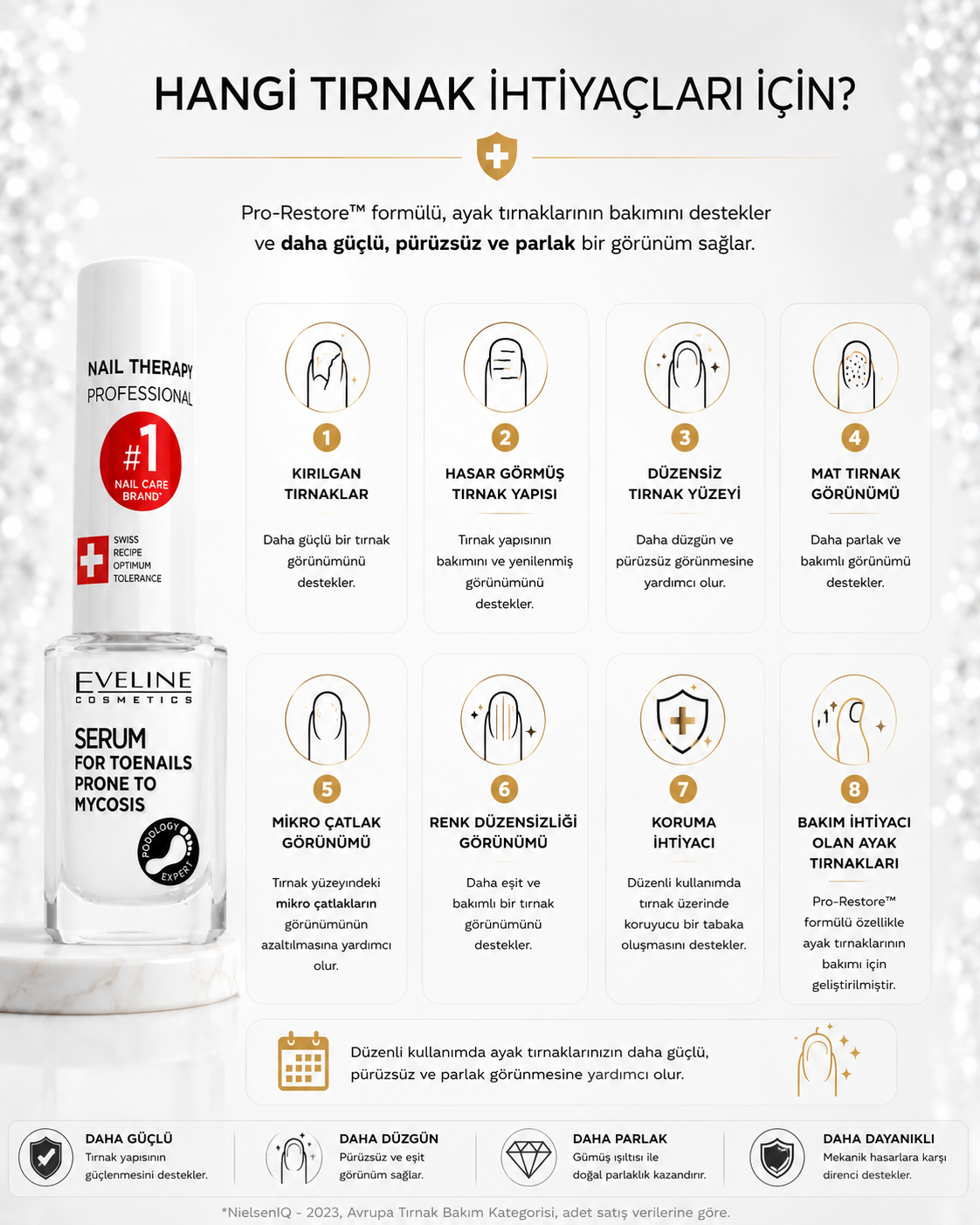 Eveline Pro-Restore bakımının mat, çizgili, kırılgan ve sağlıksız görünen tırnaklar için kullanım alanları
