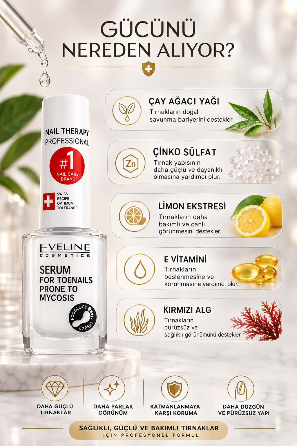 Eveline Pro-Restore tırnak bakımı ve formülünde öne çıkan bitkisel bakım bileşenleri