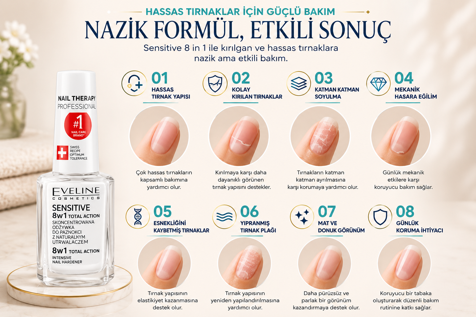Eveline Sensitive ürününün hassas, zayıf ve kırılgan tırnaklara yönelik sekiz bakım özelliği