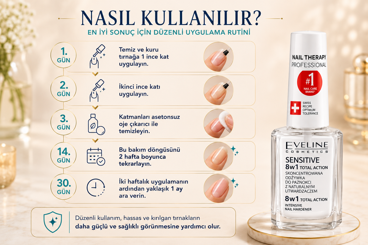 Eveline Sensitive hassas tırnak bakım ürünü kullanım programı ve uygulama adımları