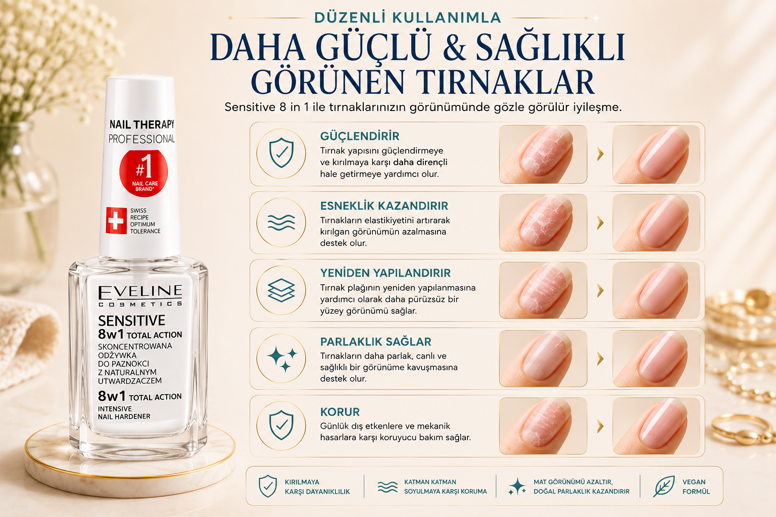 Eveline Sensitive ürününün daha güçlü ve sağlıklı görünen tırnaklara yönelik bakım özellikleri