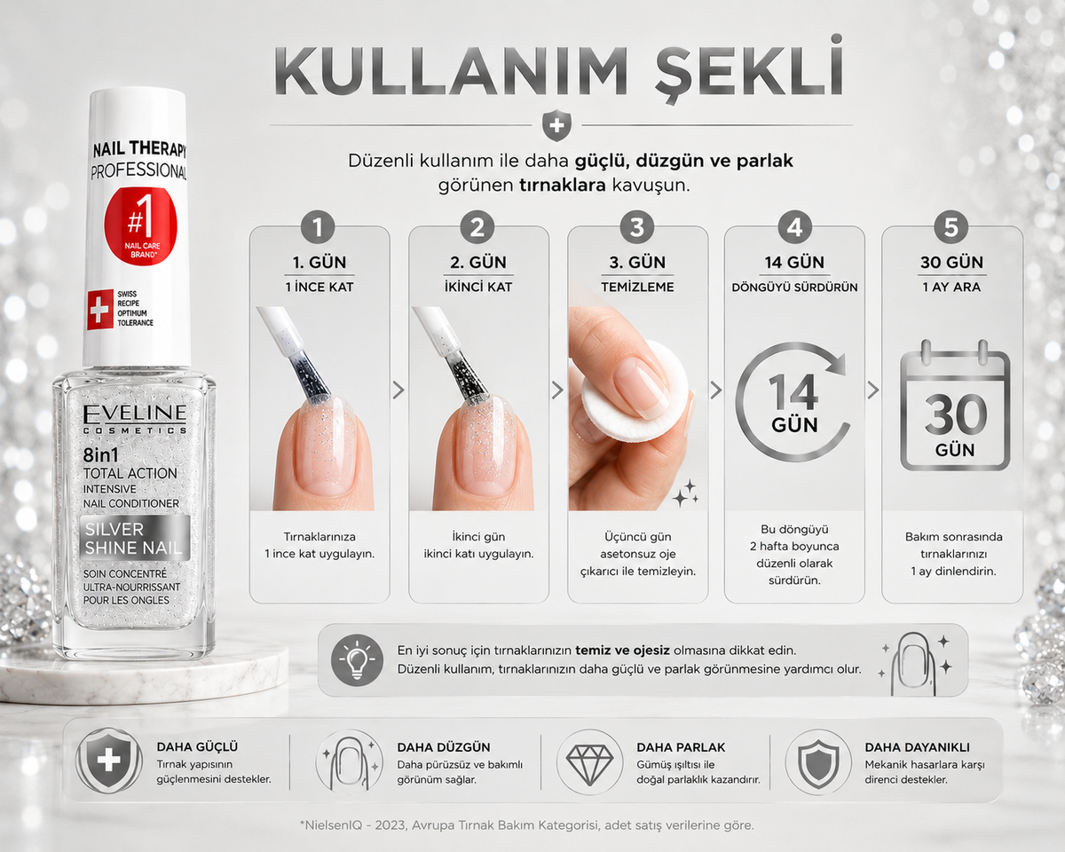 Eveline Silver Shine tırnak bakım ürünü kullanım şekli ve düzenli bakım programı