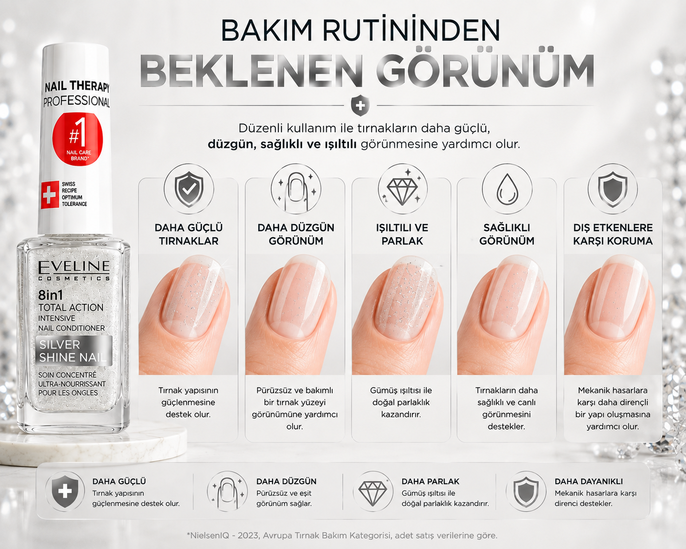 Eveline Silver Shine bakım rutininden beklenen temsili tırnak görünümü aşamaları