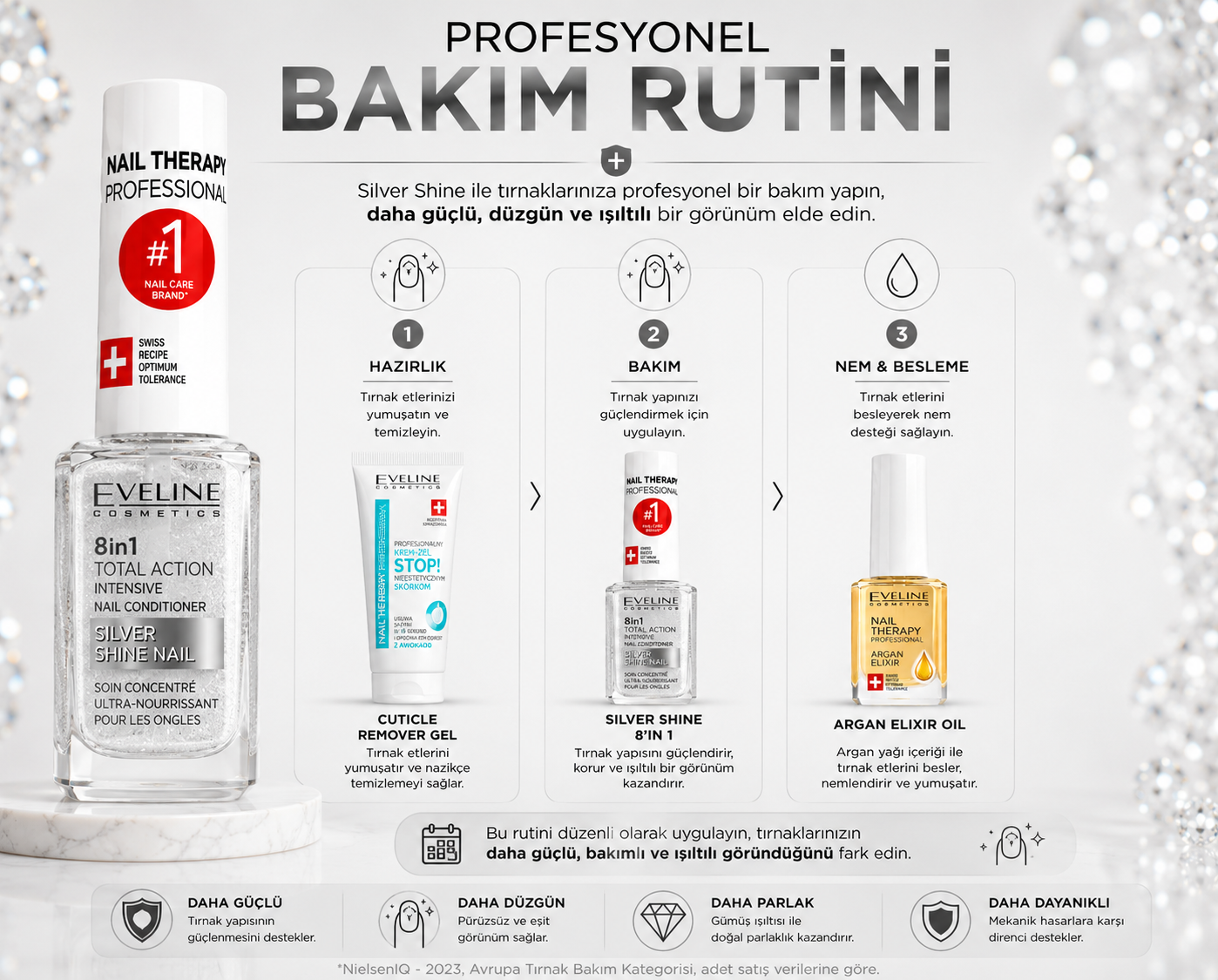 Cuticle Remover Gel, Eveline Silver Shine ve Argan Elixir 8in1 ile üç adımlı profesyonel tırnak bakım rutini