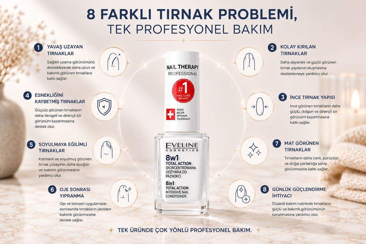 Eveline 8'i 1 Arada Total Action ürününün sekiz farklı tırnak problemi için bakım alanları