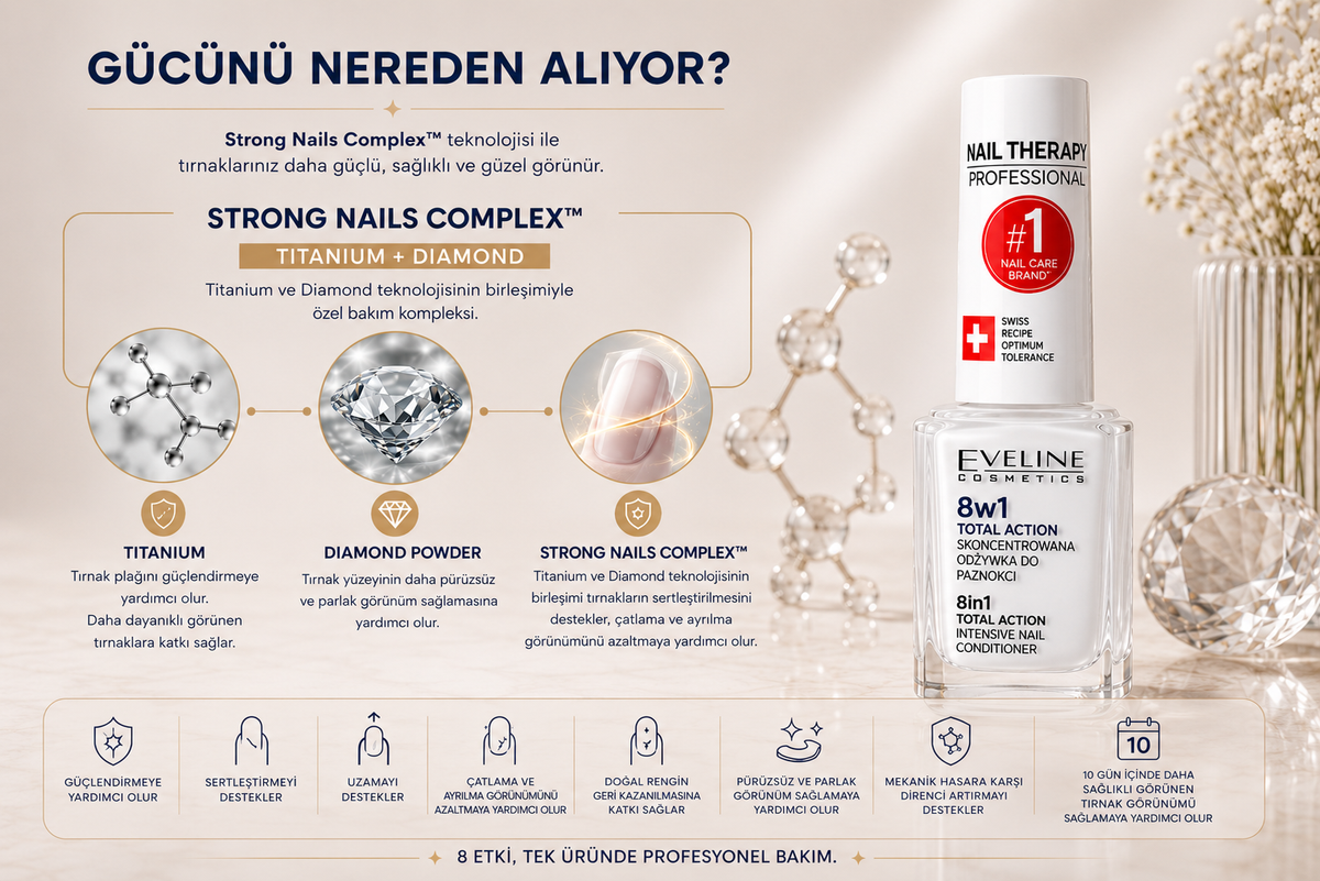 Eveline 8'i 1 Arada Total Action ve güçlendirici tırnak bakım kompleksinin özellikleri