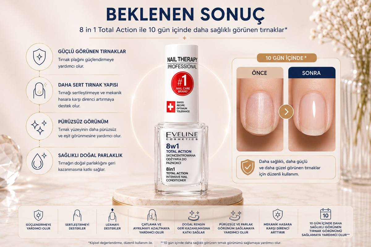 Eveline 8'i 1 Arada Total Action ve düzenli kullanım sonrası temsili tırnak görünümü